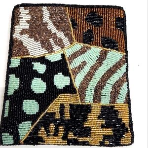 VTG 90s Y2k Beaded Patchwork Bag Animal Print Clutch Purse Black Blue No Strap